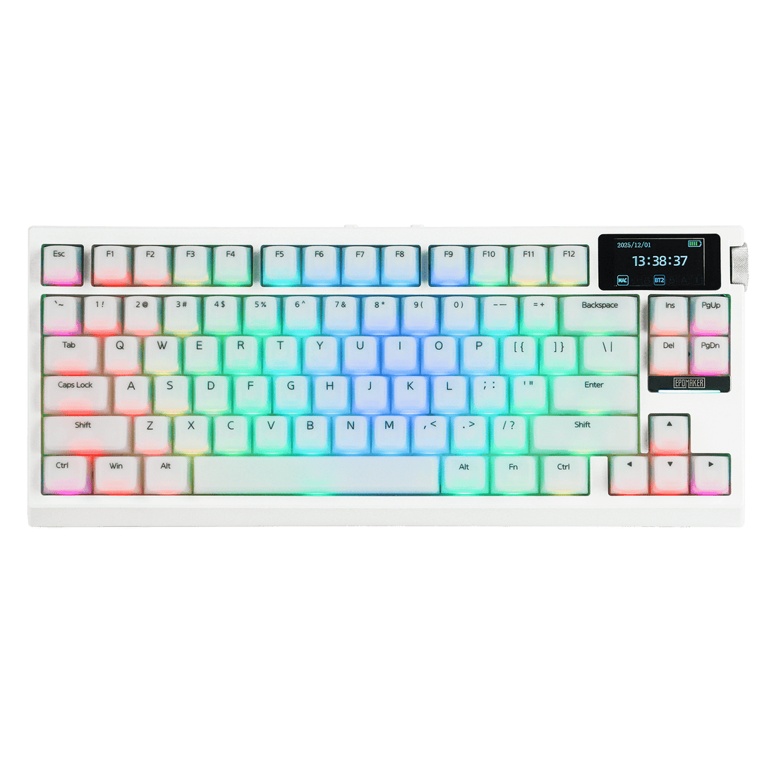 EPOMAKER G84 PRO 75% mechanical keyboard with RGB and LCD screen showing 21:50:03