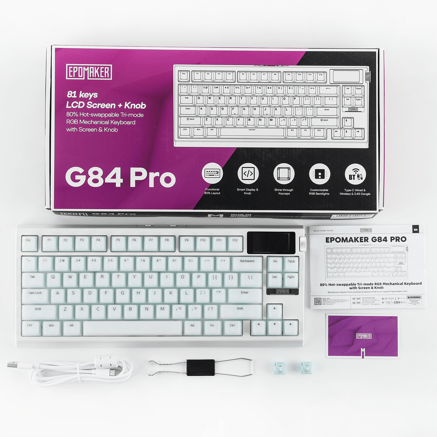 EPOMAKER G84 PRO unboxing layout with keyboard, USB-C cable, keycap puller, switches, and manual