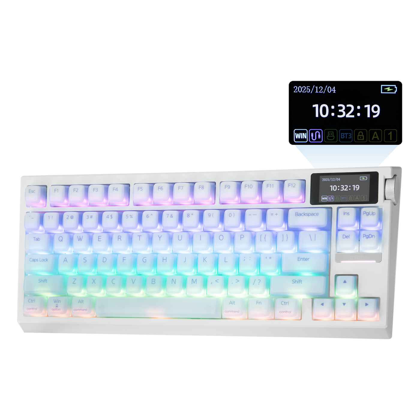 EPOMAKER G84 PRO white colorway with LCD callout showing functional smart display