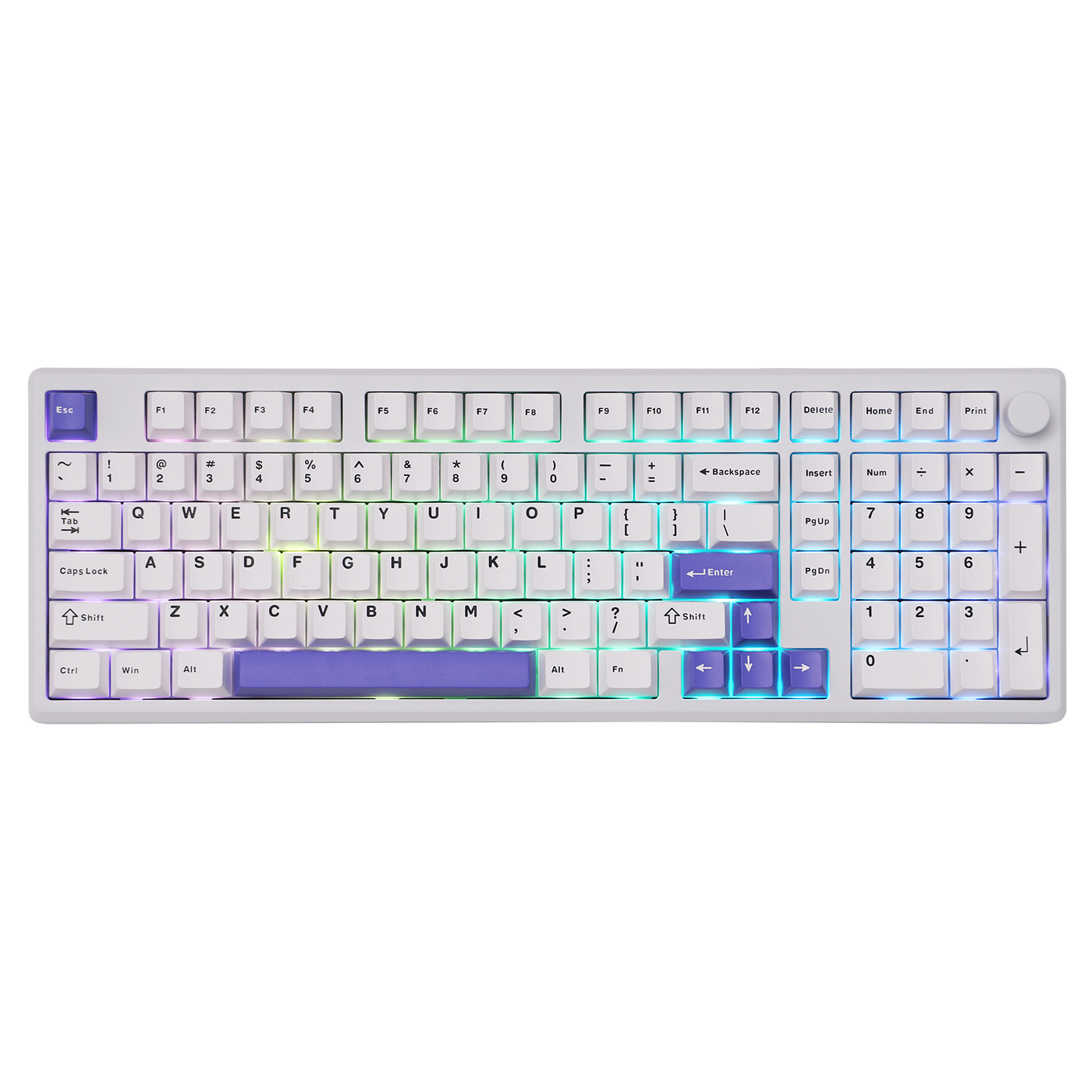 EPOMAKER Galaxy100 QMK/VIA White Purple 96% aluminum keyboard with RGB lighting, top-down view