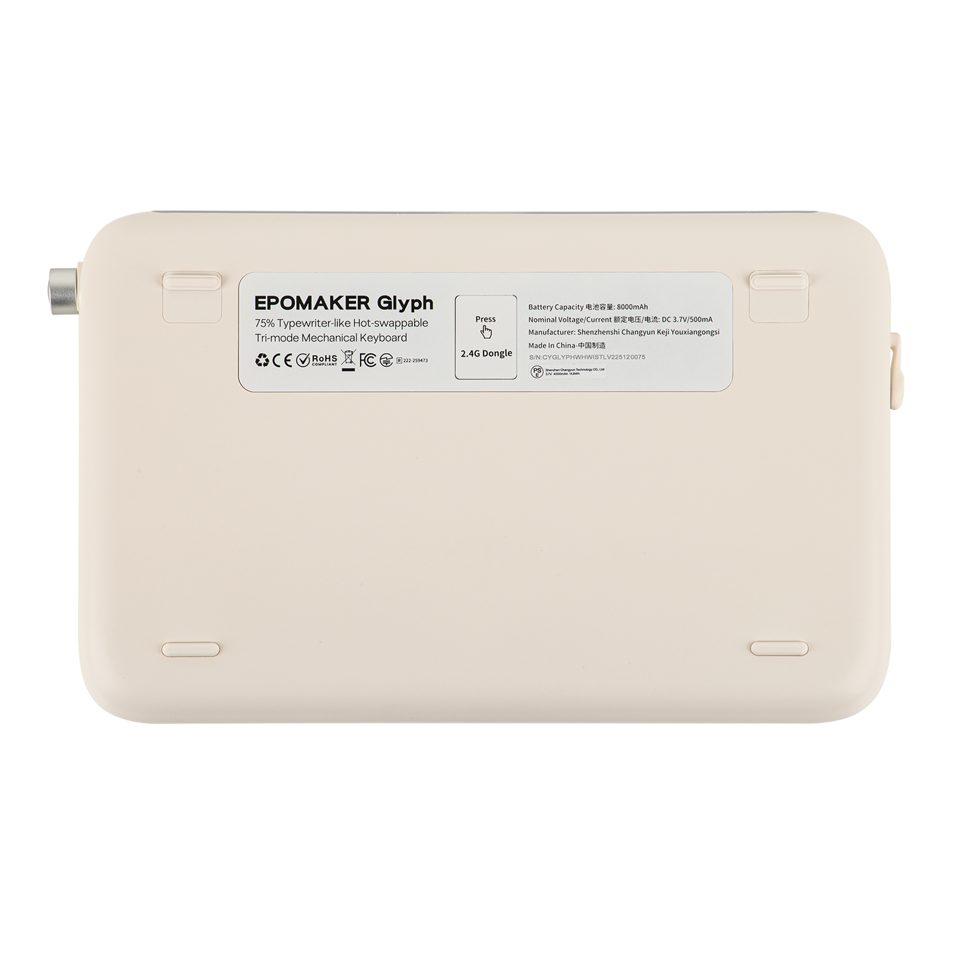 EPOMAKER Glyph Cream underside view with product label and Type-C dongle storage