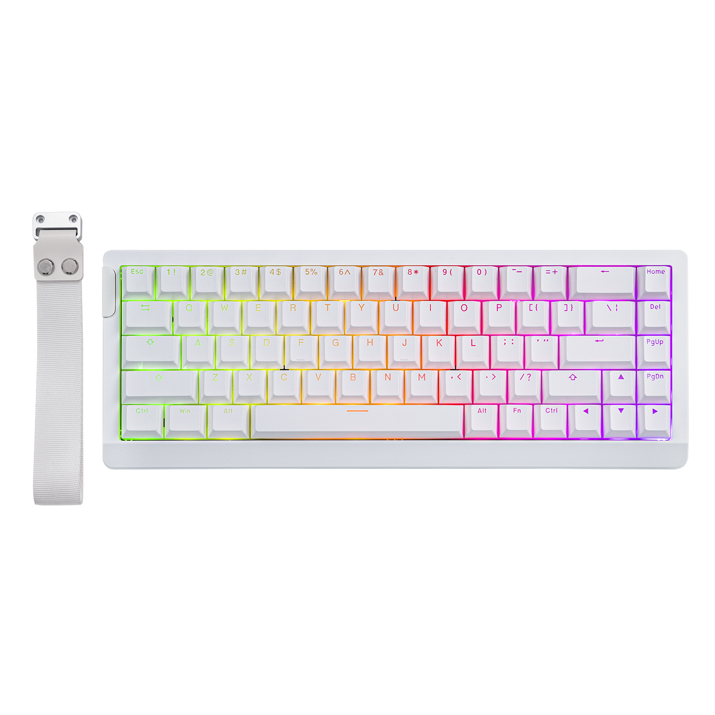 EPOMAKER HE68 Lite White 65% Hall Effect gaming keyboard with A-RGB lighting and carry strap, top-down view