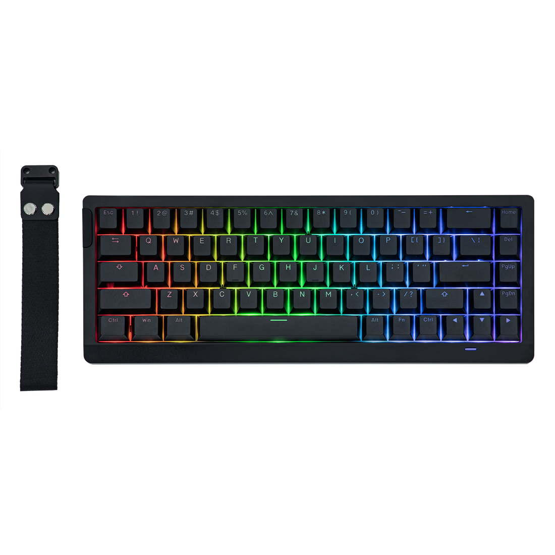 EPOMAKER HE68 Lite Black 65% Hall Effect gaming keyboard with A-RGB lighting and carry strap, top-down view