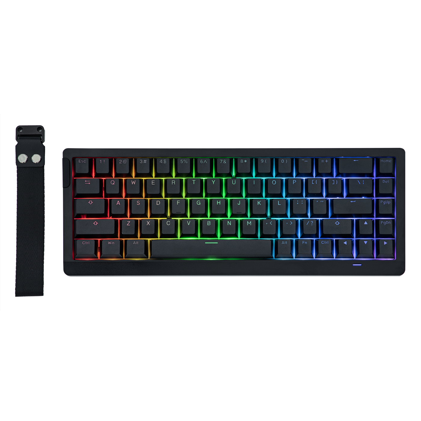 EPOMAKER HE68 Lite Black 65% Hall Effect gaming keyboard with A-RGB lighting and carry strap, top-down view