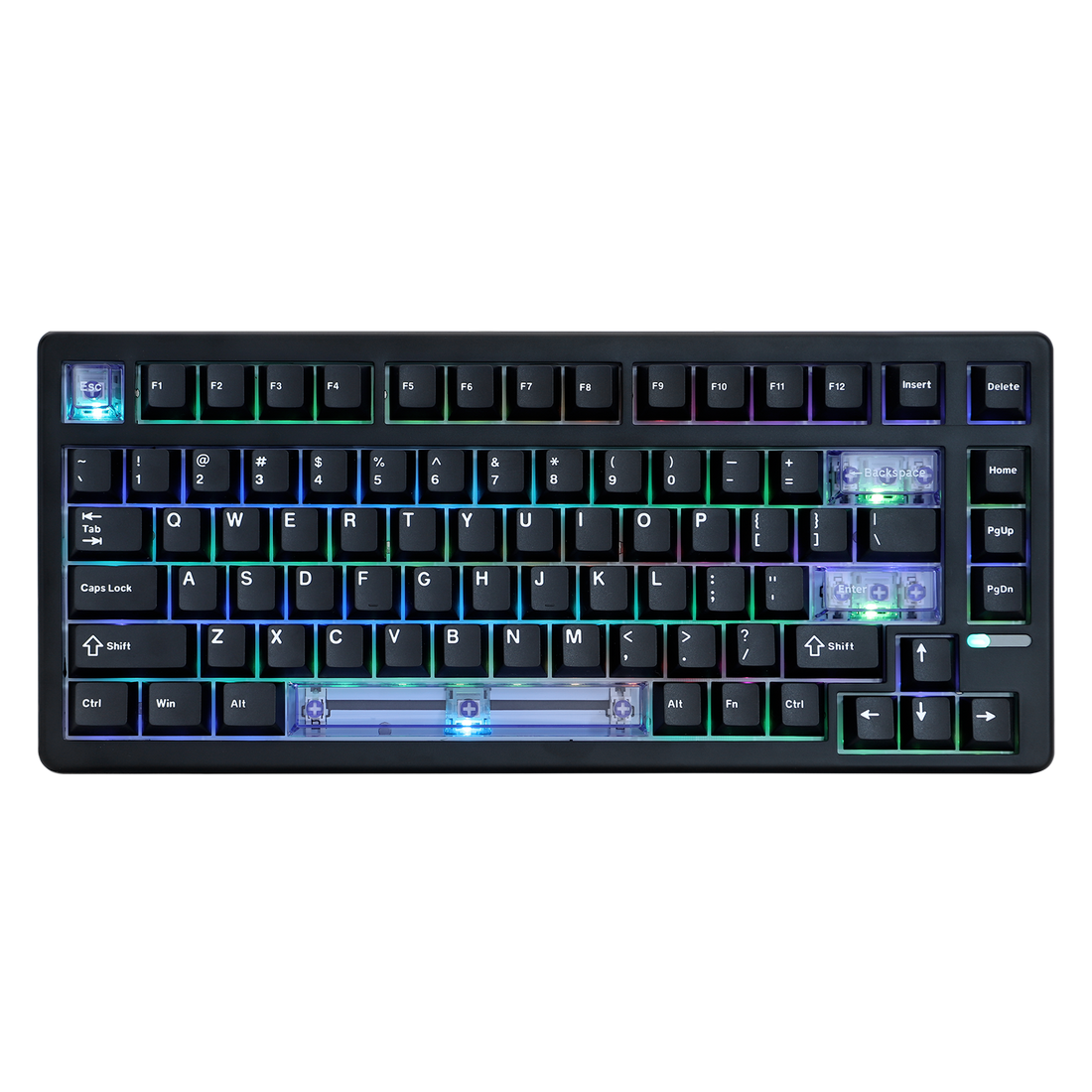 EPOMAKER HE80 Black 75% Hall Effect gaming keyboard with RGB lighting and translucent blue accents, top-down view