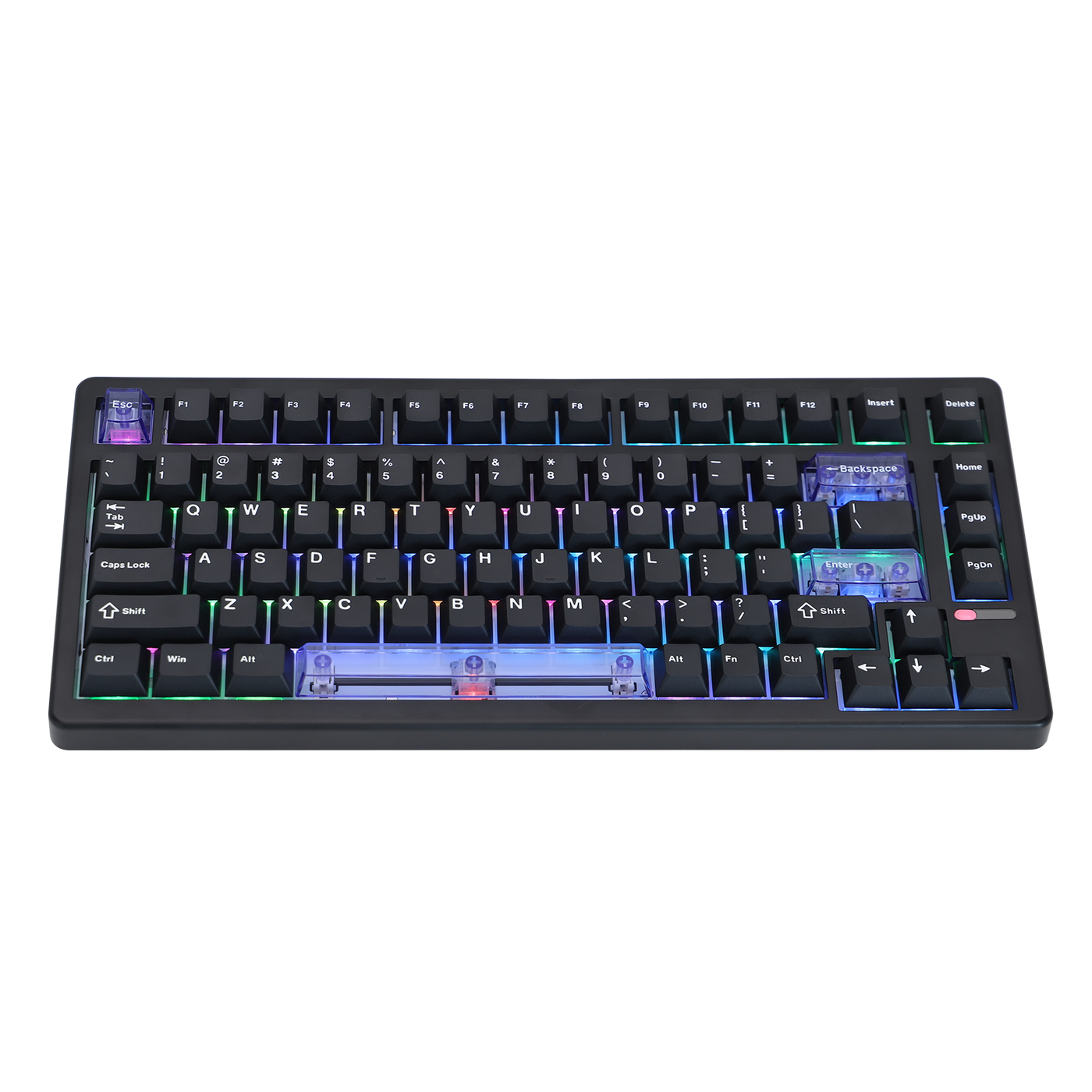 EPOMAKER HE80 Black with rainbow RGB and translucent blue accents, angled view