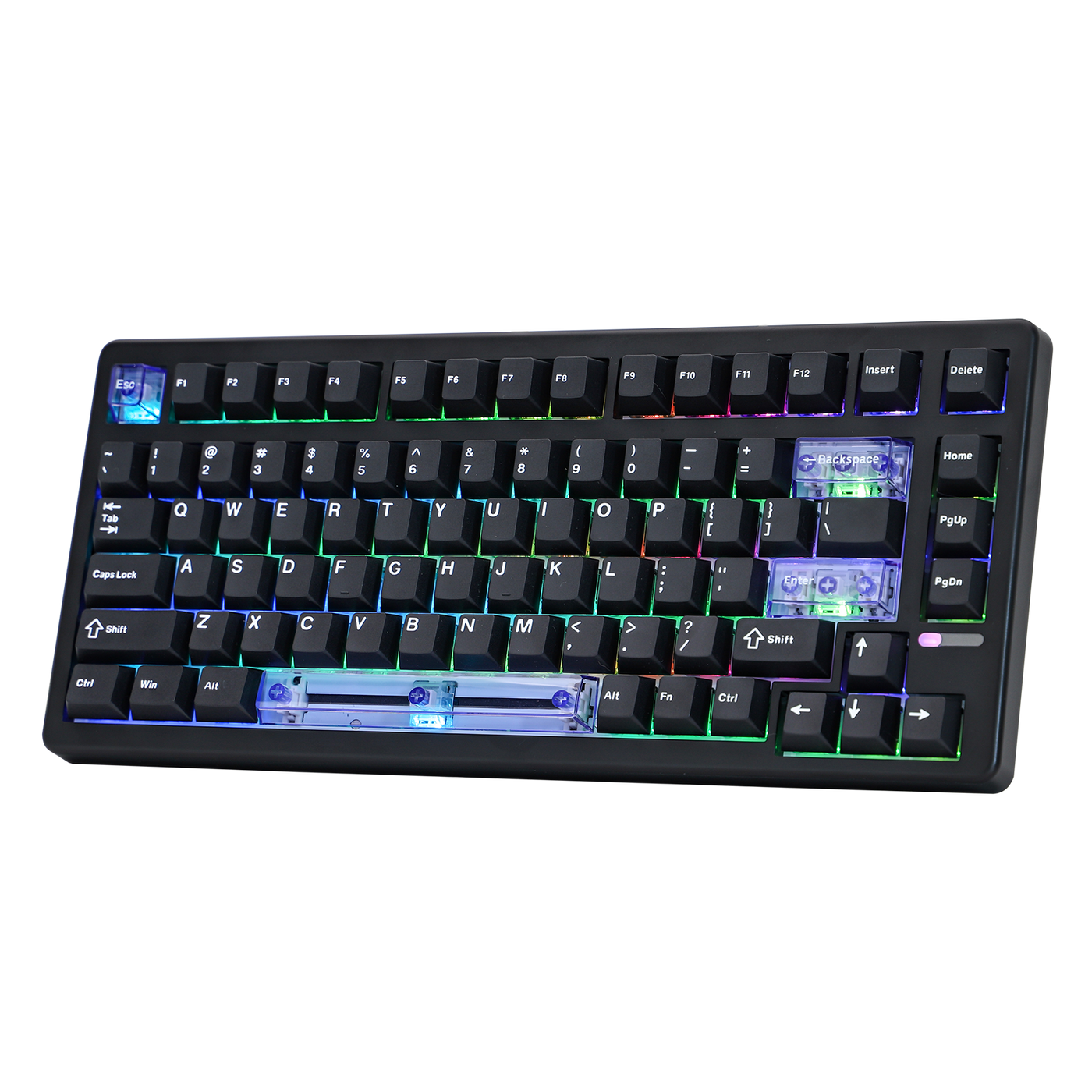 EPOMAKER HE80 Black 75% keyboard with rainbow RGB lighting, angled view