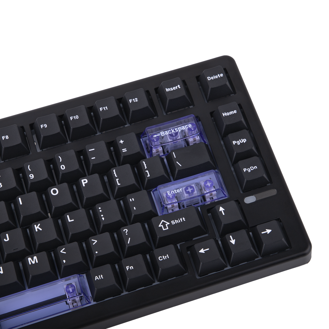 EPOMAKER HE80 Black close-up of right-side keys with translucent Backspace and Enter accents