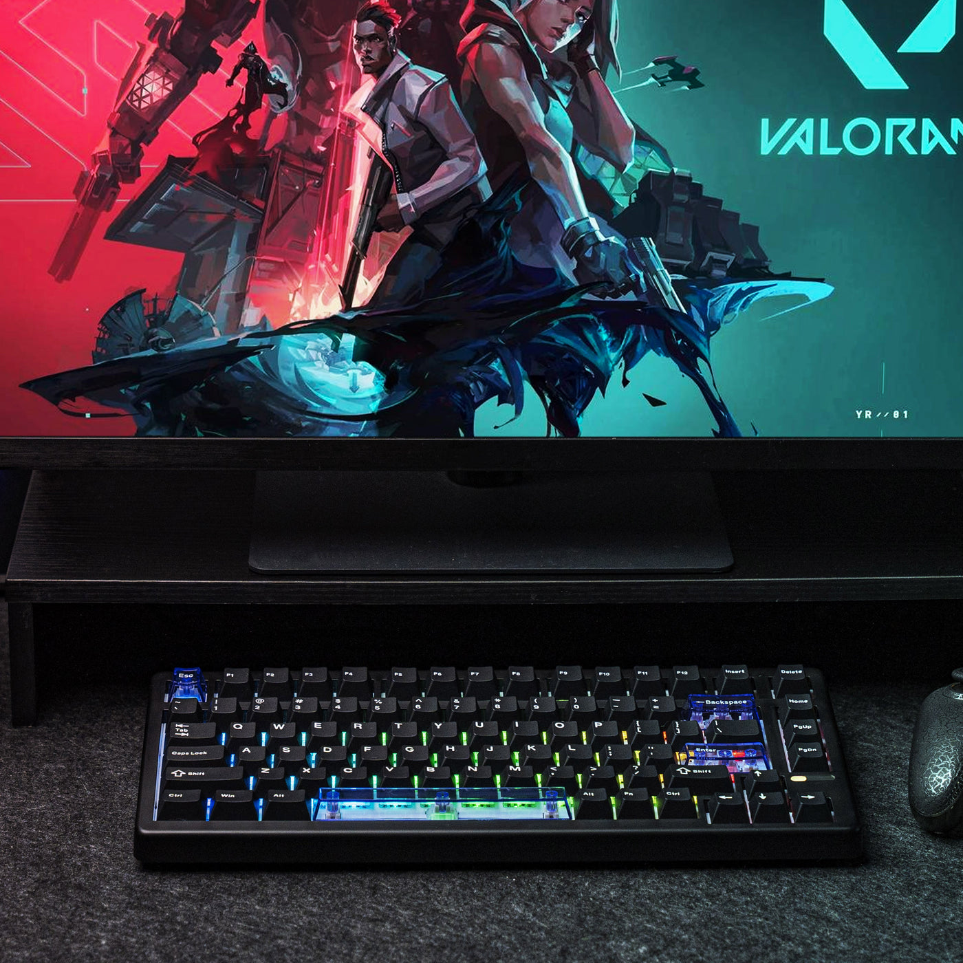 EPOMAKER HE80 Black 75% Hall Effect keyboard lifestyle shot with VALORANT gaming monitor