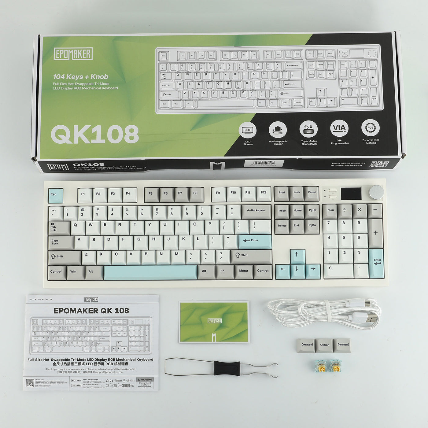 EPOMAKER QK108 Mint Grey retail box with keyboard, manual, USB-C cable, keycaps, and switches