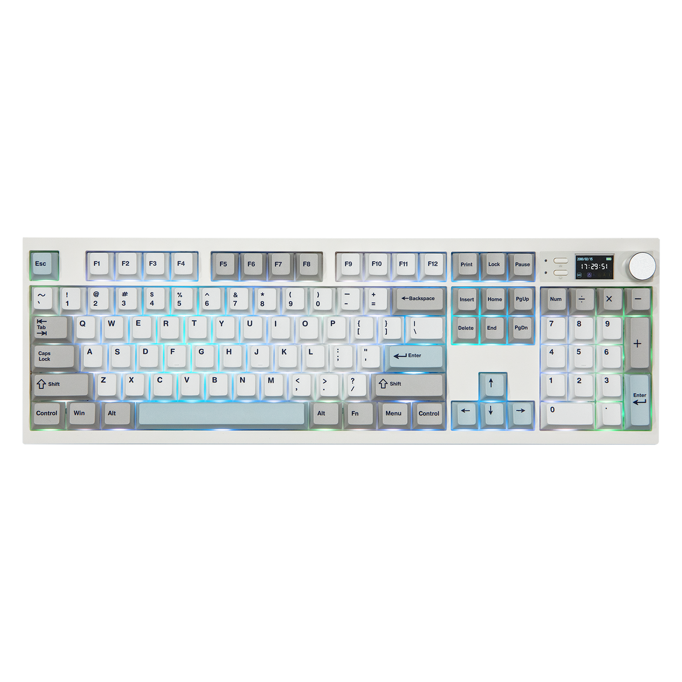EPOMAKER QK108 Mint Grey 100% wireless keyboard with TFT display, rotary knob, and RGB lighting, top-down view