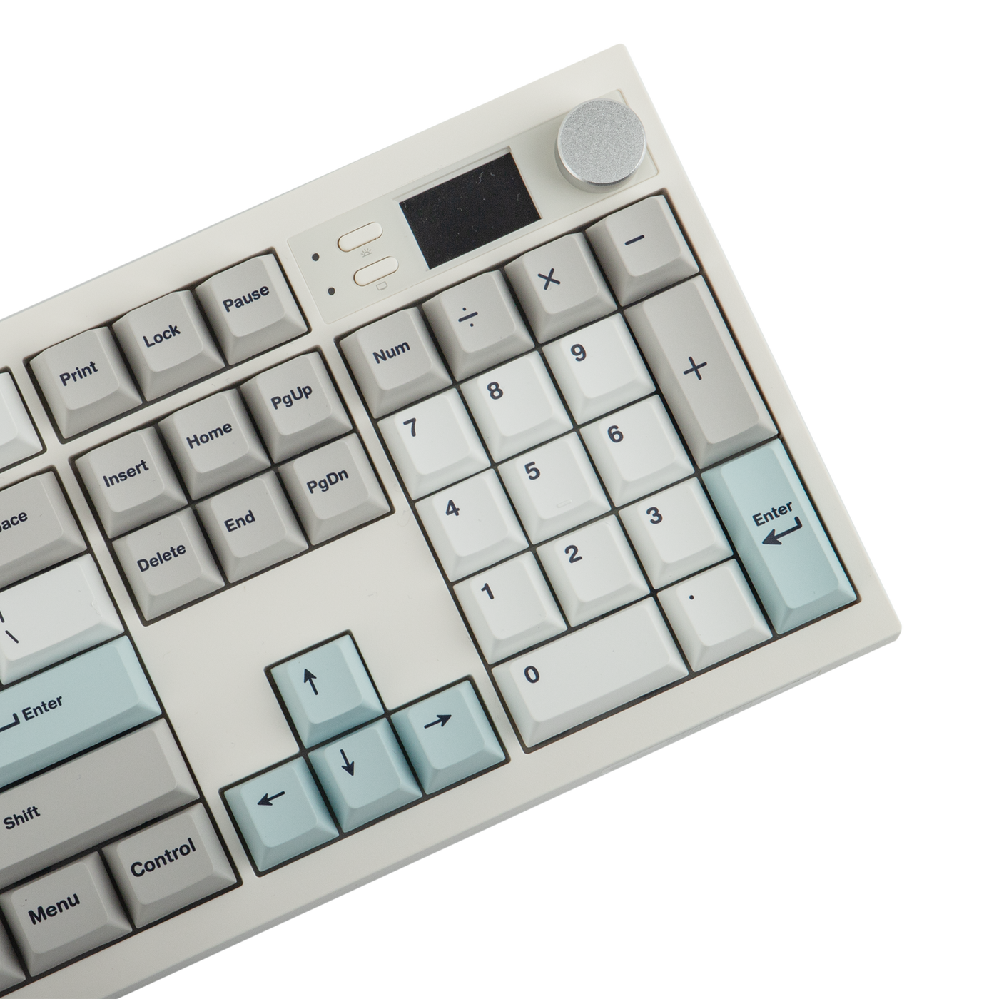 EPOMAKER QK108 Mint Grey close-up of numpad, rotary knob, and LED screen