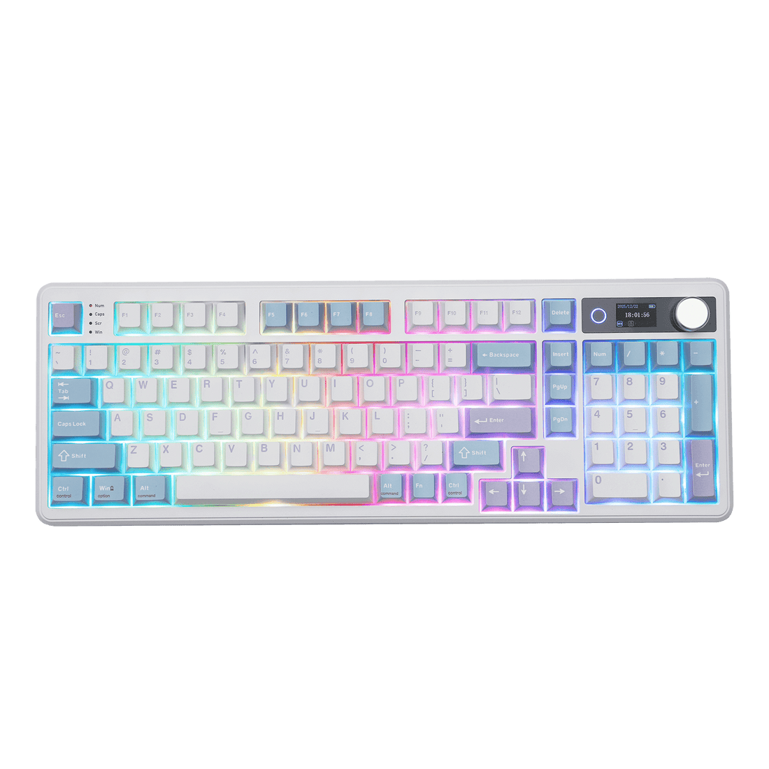 EPOMAKER TH99 PRO White Blue mechanical keyboard with RGB lighting, angled hero view