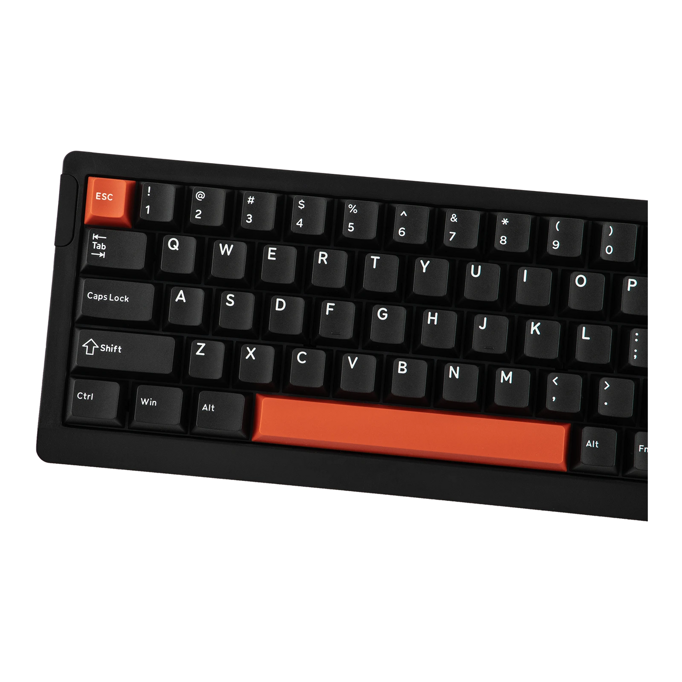 EPOMAKER HE68 Lite Black close-up of left keys with orange Esc, Tab, and Shift