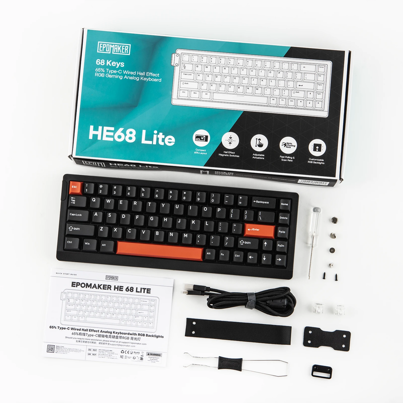 EPOMAKER HE68 Lite Black retail box with keyboard, manual, USB-C cable, switches, and keycap puller