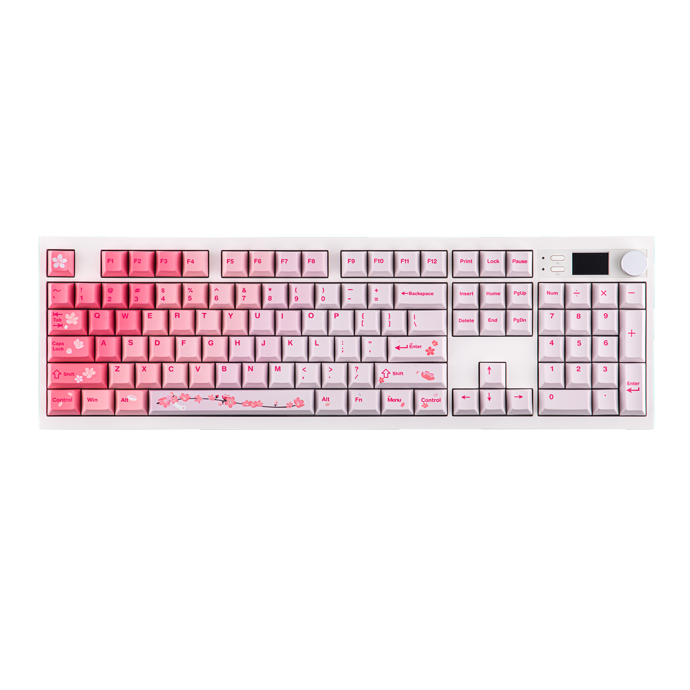 EPOMAKER QK108 Pink Sakura 100% keyboard with cherry blossom keycap art, top-down view