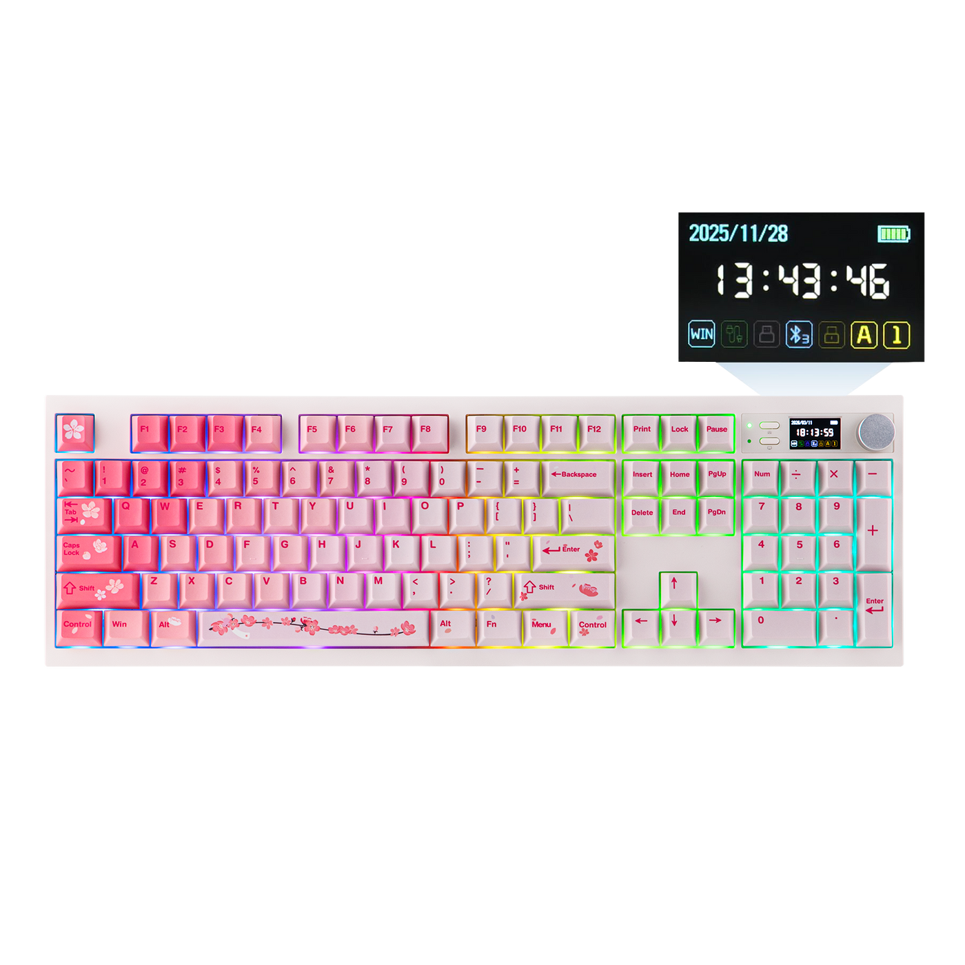 EPOMAKER QK108 Pink Sakura with TFT display callout showing date and time