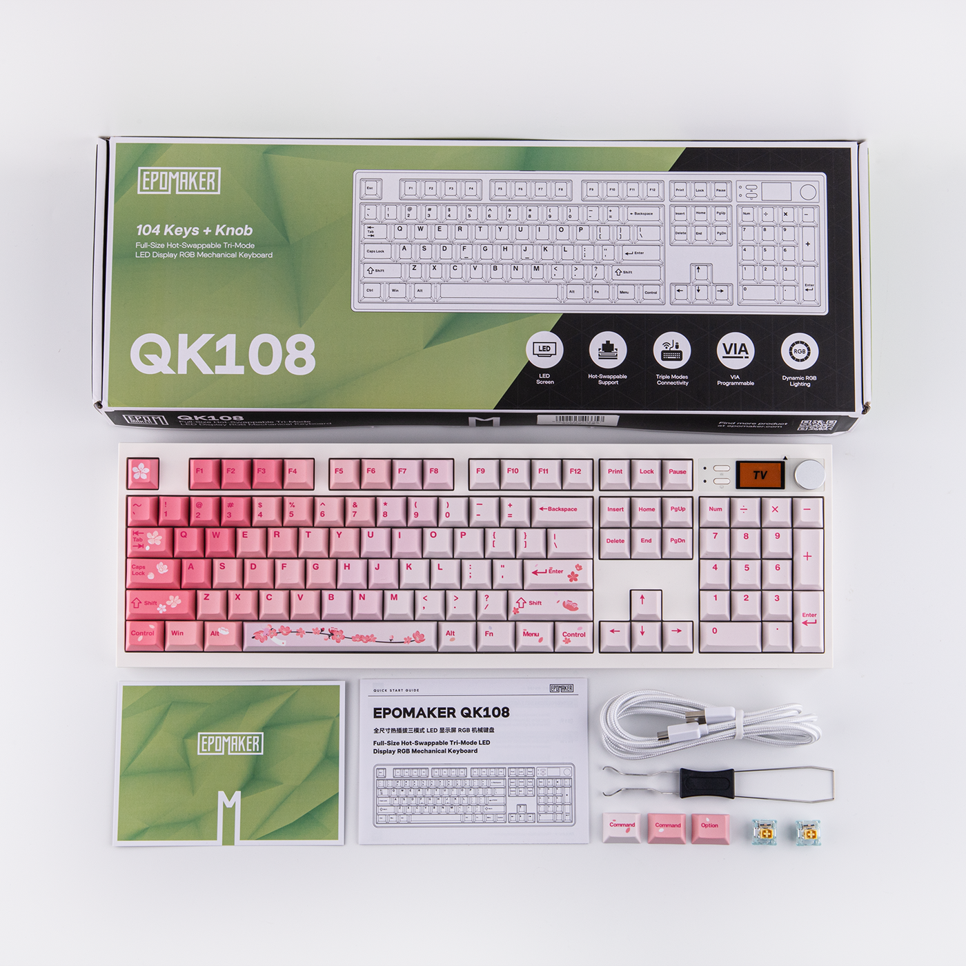 EPOMAKER QK108 Pink Sakura retail box with keyboard, manual, cable, keycaps, and switches