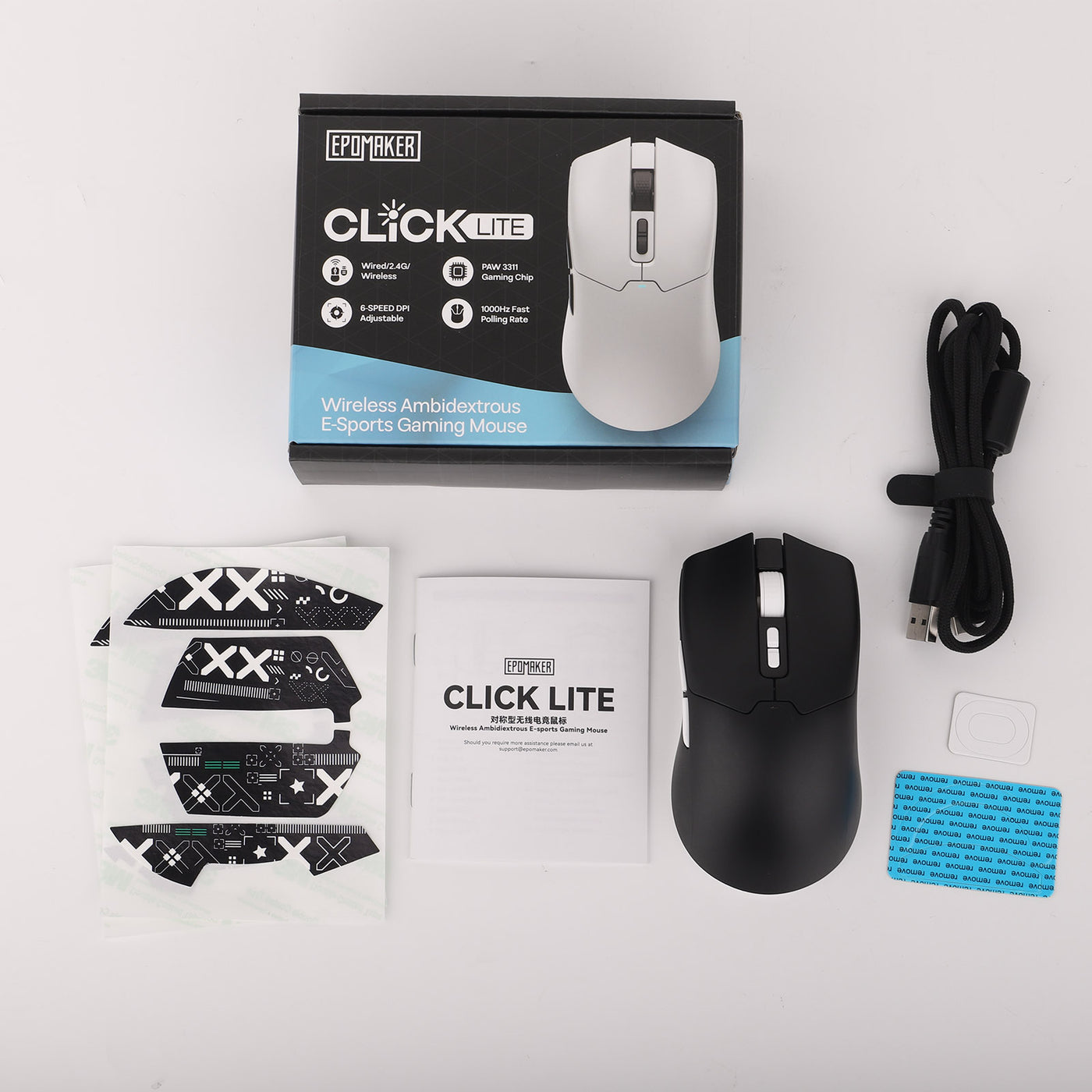 EPOMAKER Click Lite Mouse Black retail box with mouse, USB-C cable, grip tape, manual, and stickers