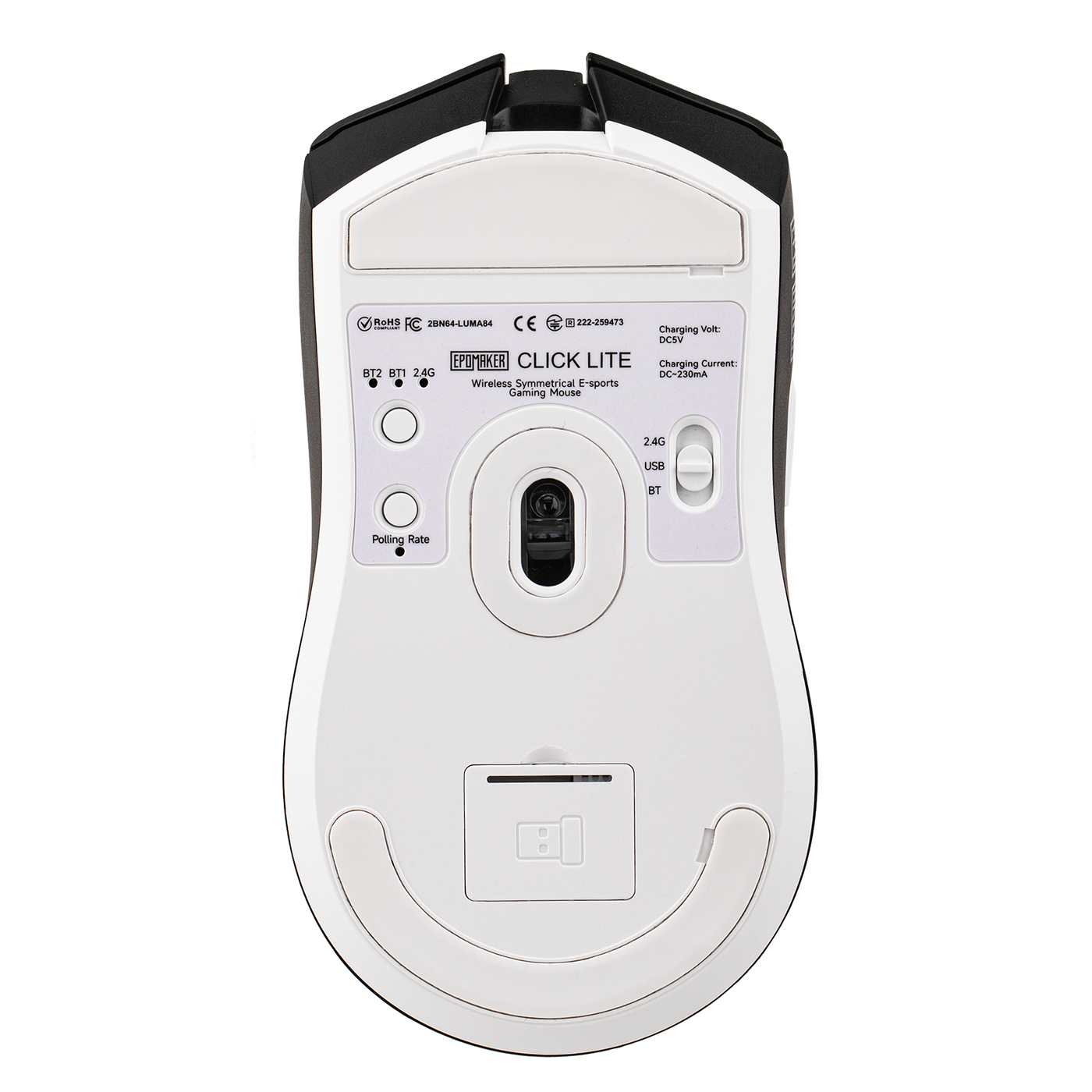 EPOMAKER Click Lite Mouse White underside view showing PAW 3311 sensor and connection switches