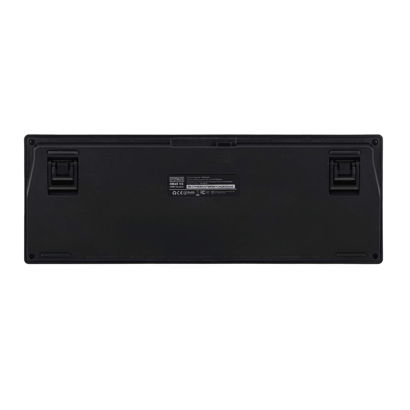 EPOMAKER HE65 V2 TMR black colorway underside with compliance labels