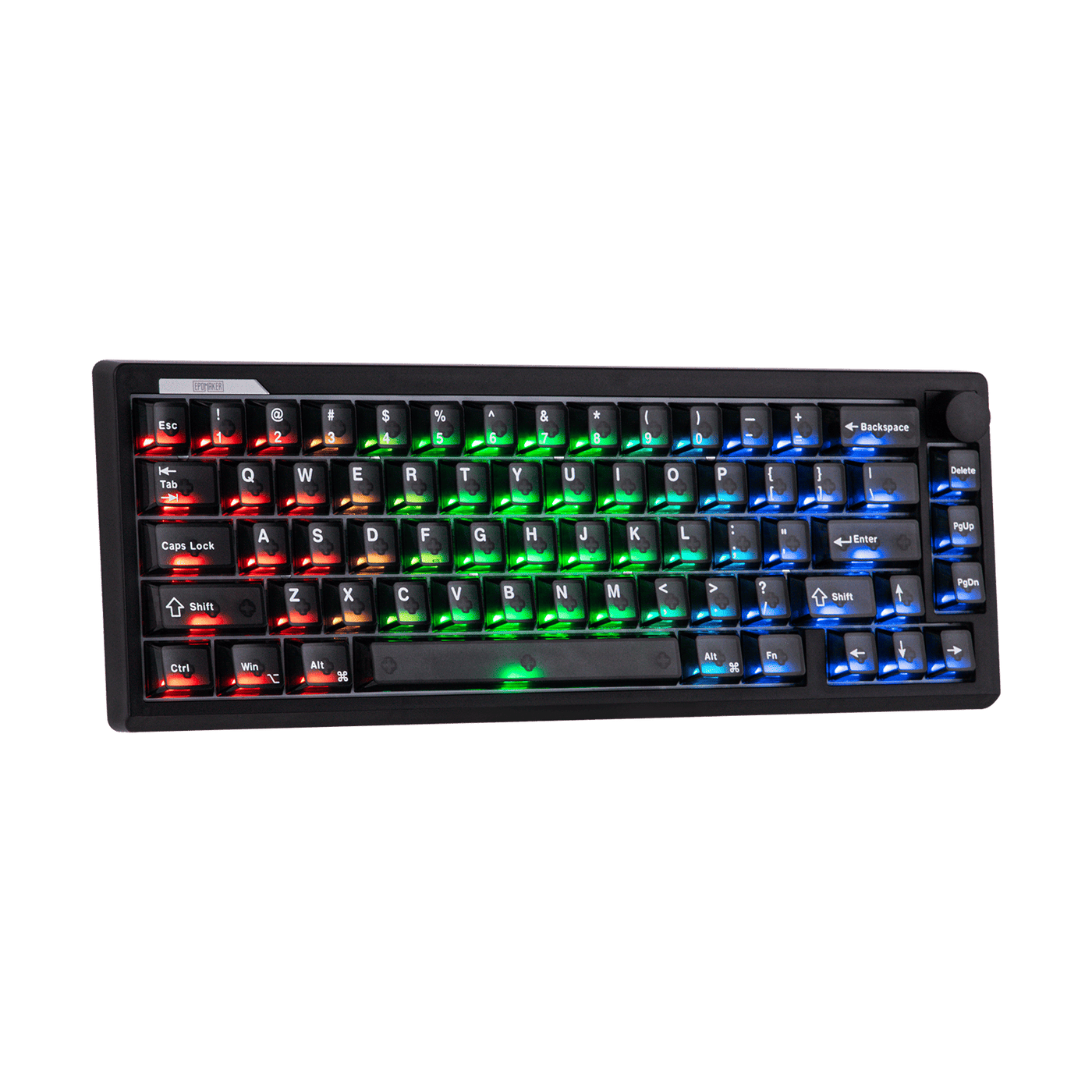 EPOMAKER HE65 V2 TMR black shell angled with vibrant RGB lighting and knob