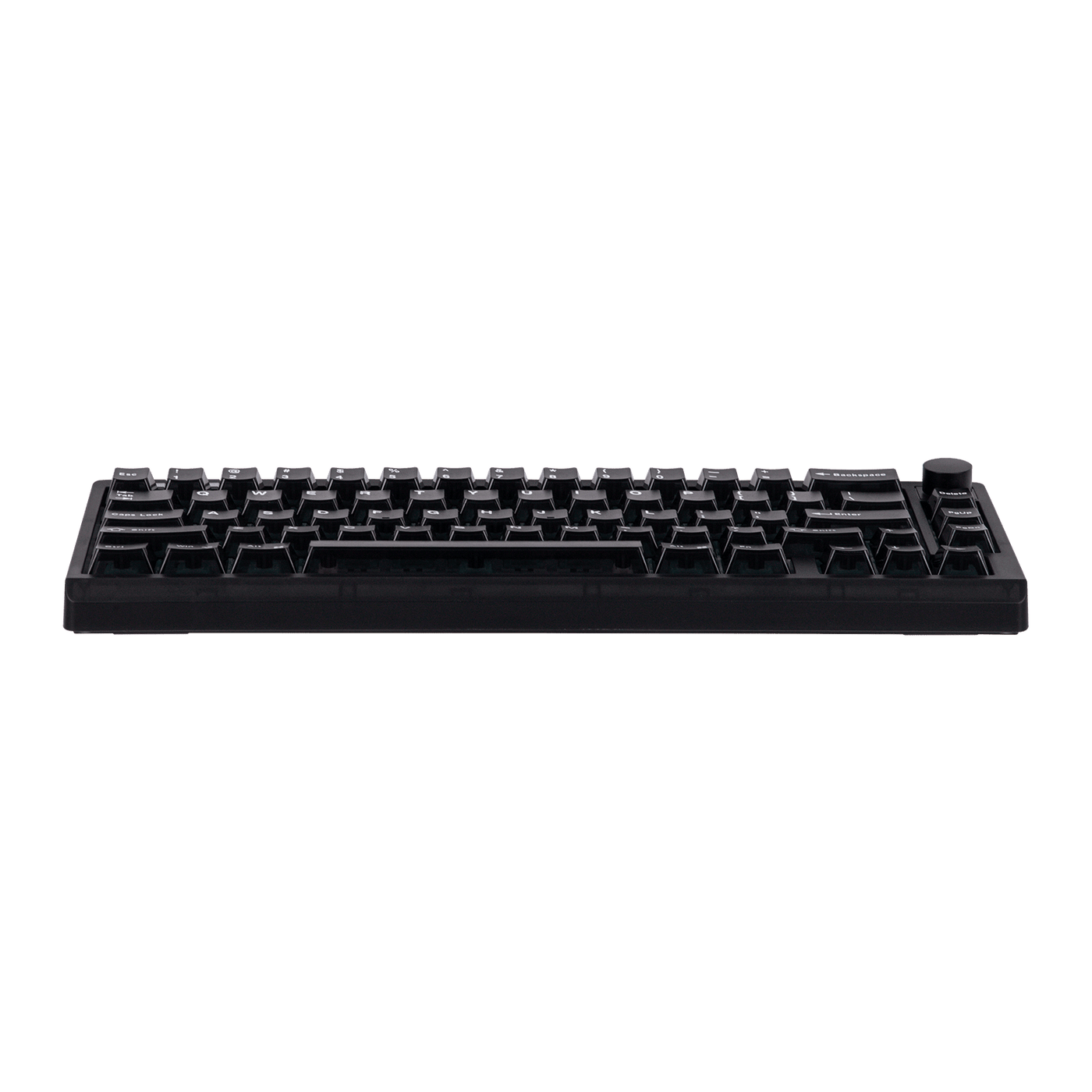 EPOMAKER HE65 V2 TMR black colorway side profile of full keyboard with knob