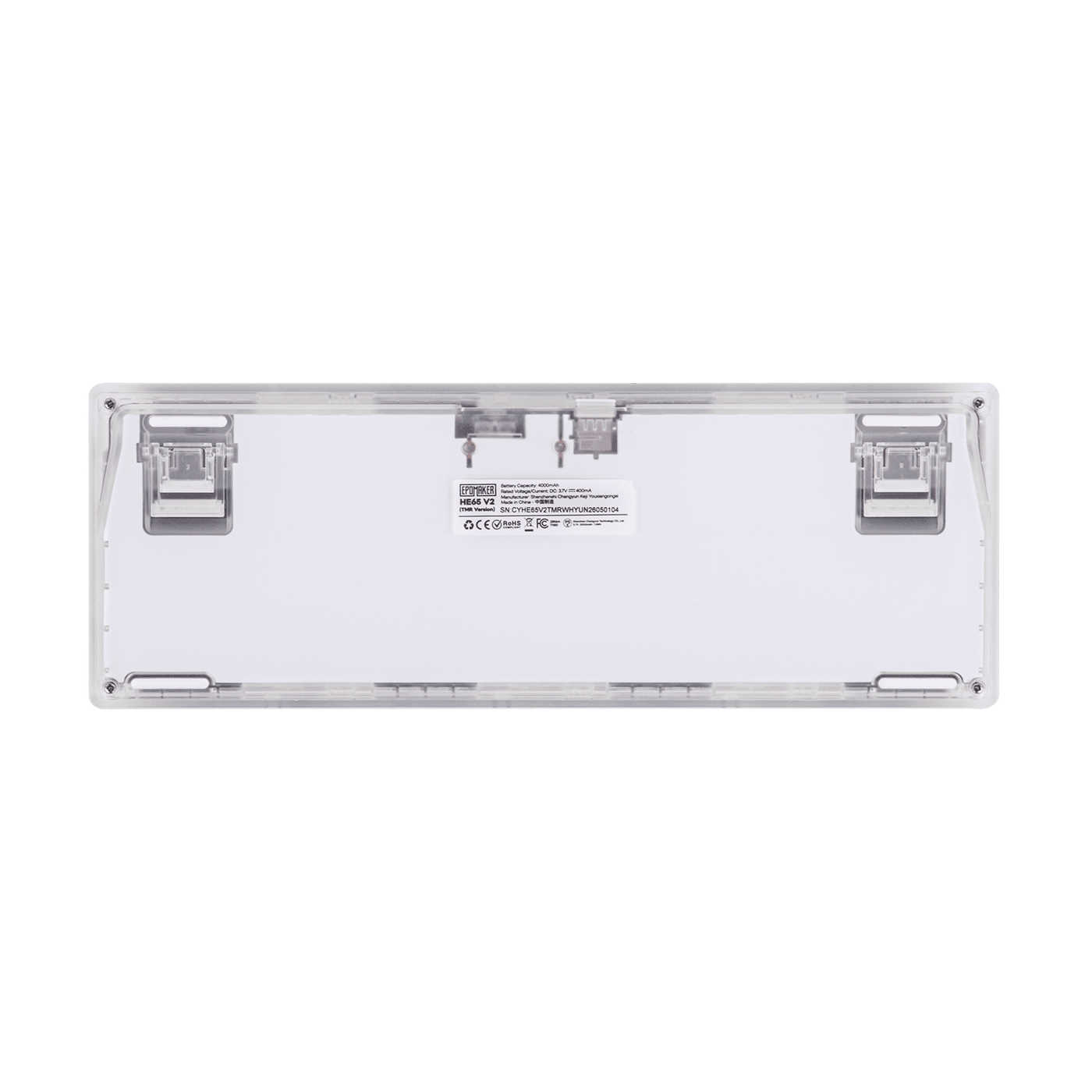EPOMAKER HE65 V2 TMR clear colorway underside view with compliance labels