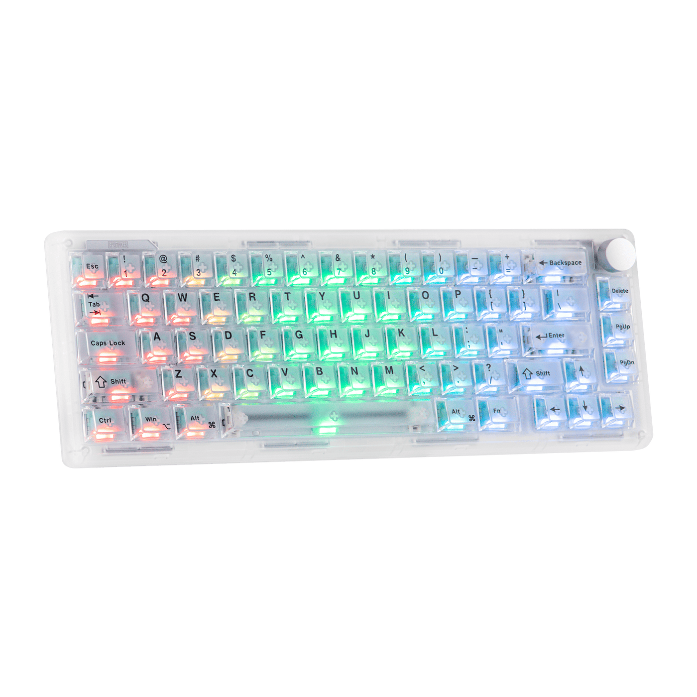 EPOMAKER HE65 V2 TMR clear shell angled view with RGB illumination