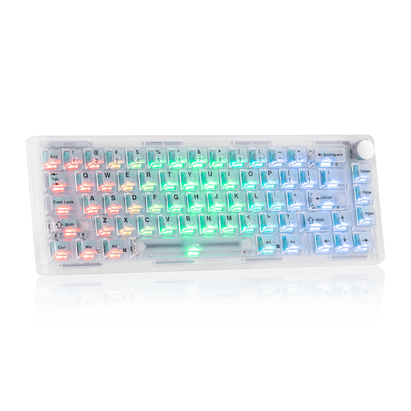 EPOMAKER HE65 V2 TMR clear shell angled top-down with vibrant RGB lighting