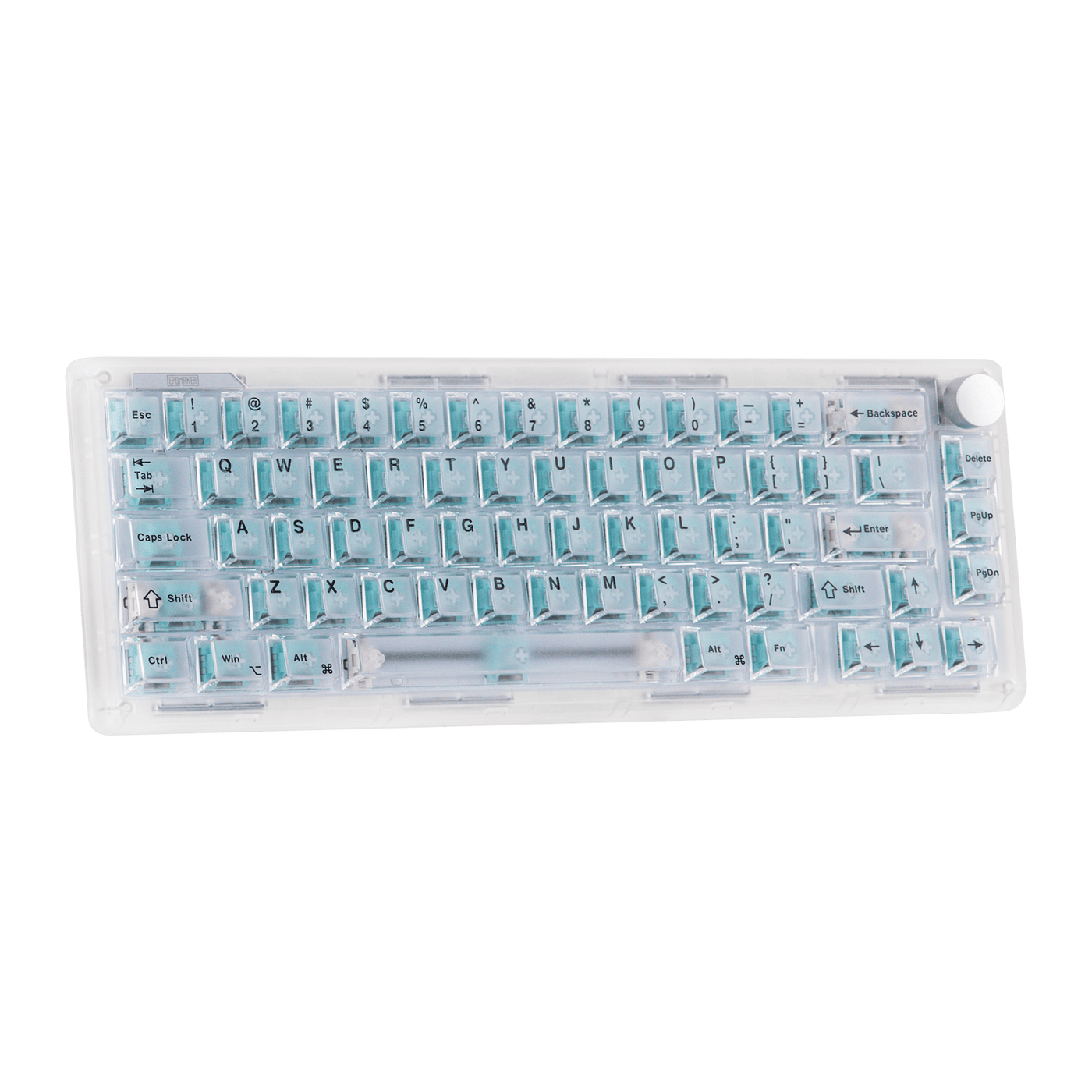 EPOMAKER HE65 V2 TMR clear shell with ice-blue keycaps, lights off