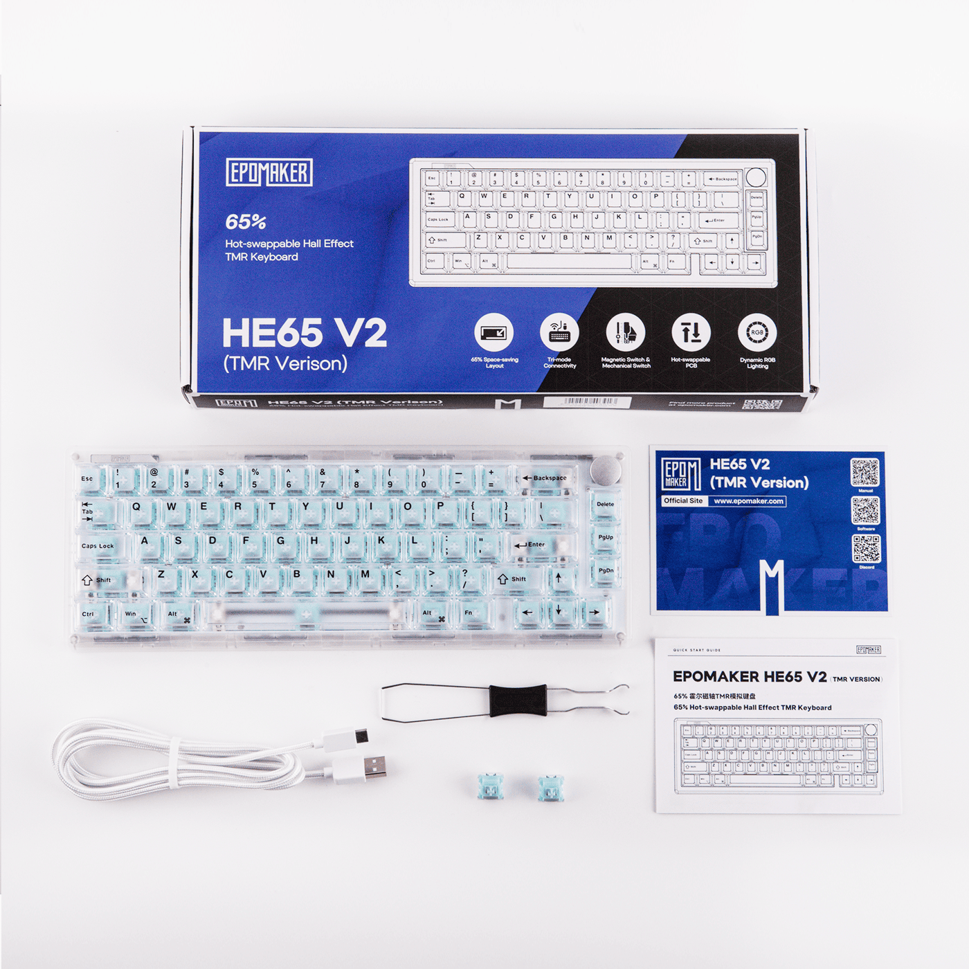 EPOMAKER HE65 V2 TMR unboxing layout with keyboard, manual, cable, keycap puller, and TMR magnetic switches