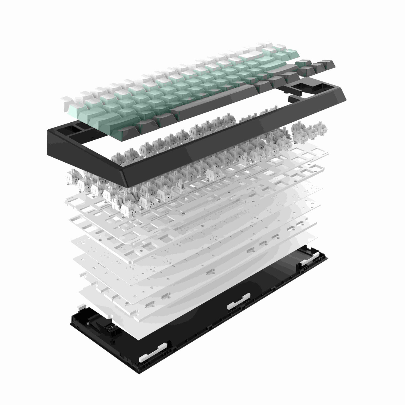 EPOMAKER G84 HE exploded view showing keycaps, switches, plate, and chassis layers