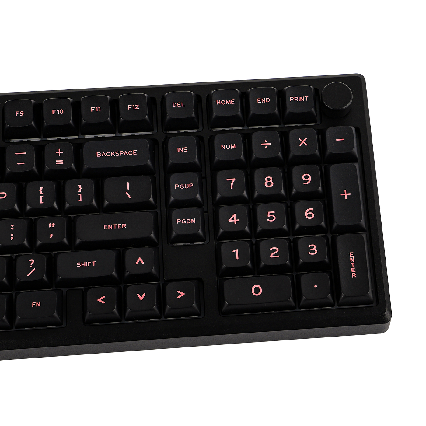 EPOMAKER Galaxy100 QMK/VIA Black close-up of numpad and rotary knob with red RGB lighting