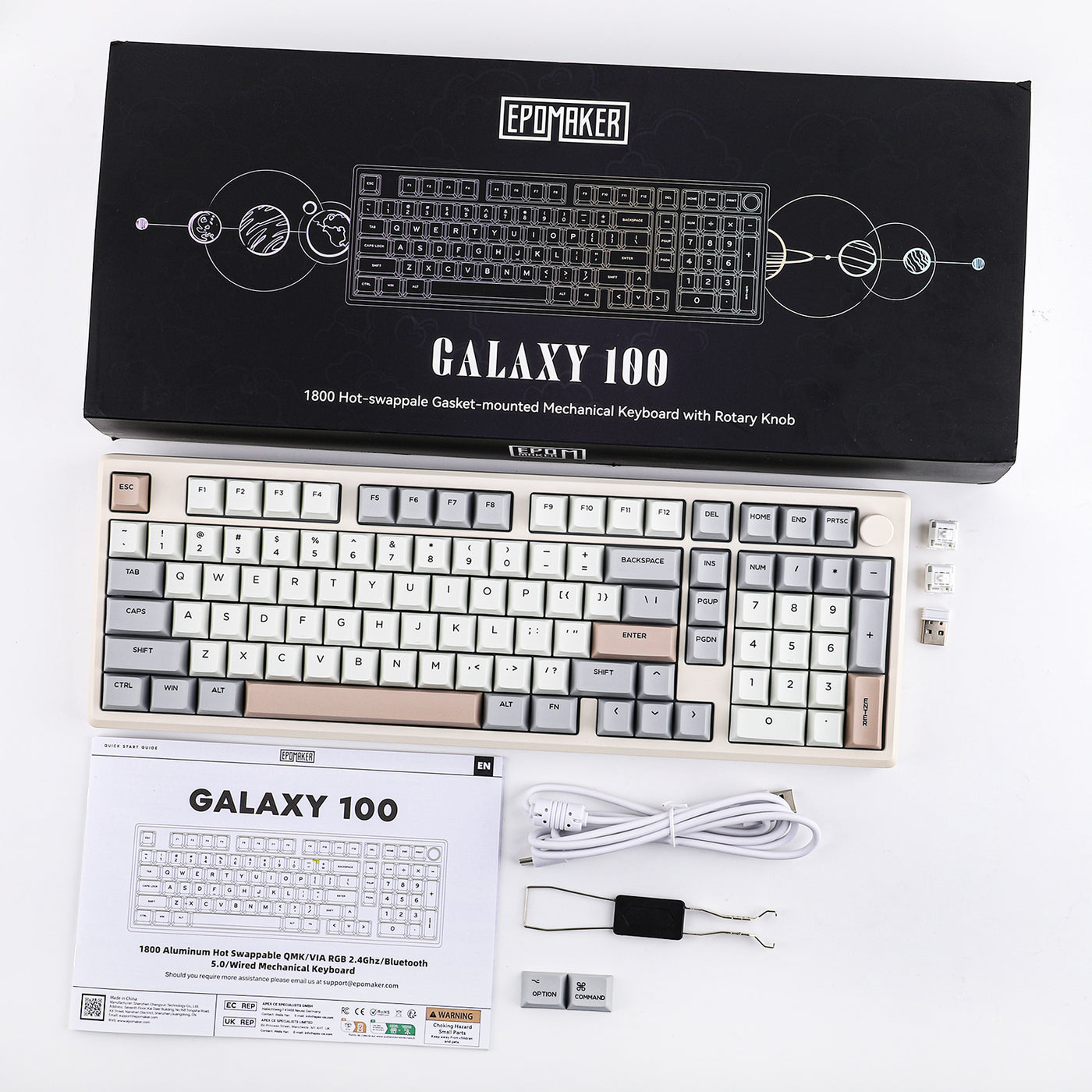 EPOMAKER Galaxy100 QMK/VIA Beige retail box with keyboard, manual, cable, switches, and 2.4G dongle